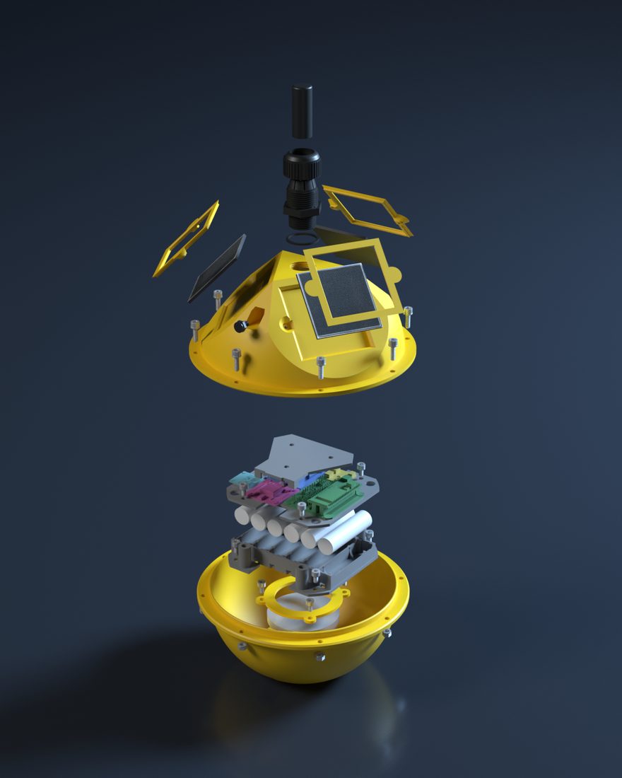 The buoy taken apart: the two printed shells, the equator flange, the battery platform and the electronics carrier.