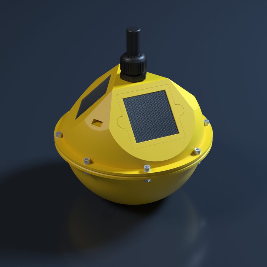 The printed sphere buoy, its three solar panels set into the crown.